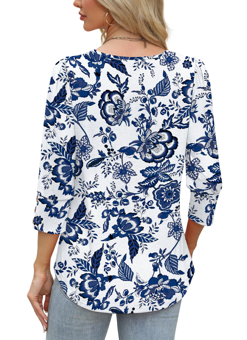 Boho Tops for Women 3/4 Length Sleeve Womens Tops Blouses Dressy Casual Early Fall Fashion 2026 Spring Outfits for Teachers Plus Size Summer Women's Clothing Trendy Fall Clothes Blue Floral 2XL