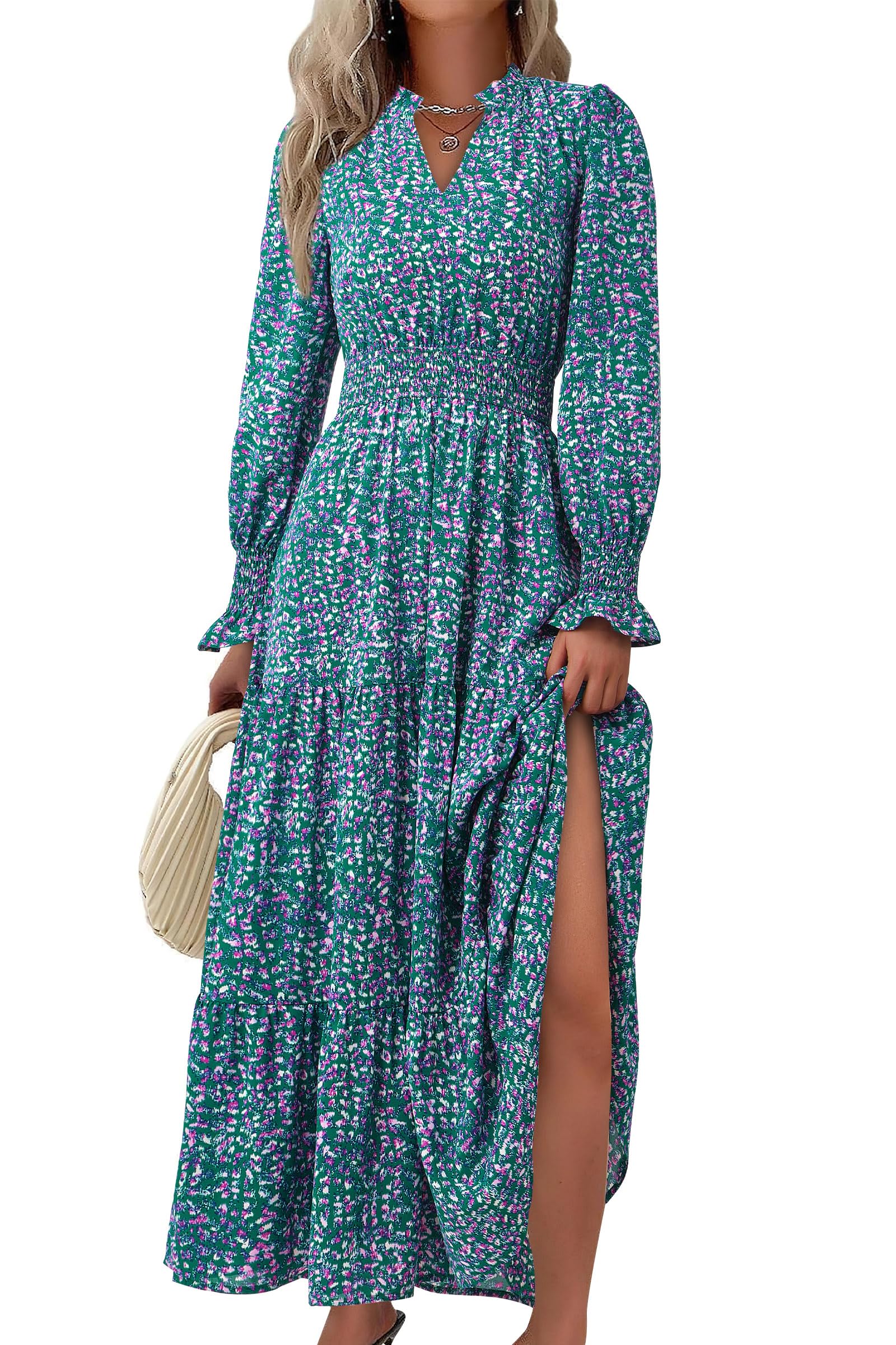 PRETTYGARDEN Women's Floral Maxi Dress 2026 Fall Long Sleeve V Neck A Line Long Flowy Spring Party Boho Dresses (Floral Purple Green,Medium)