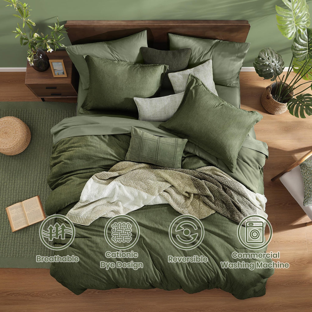 Monbix King Size Comforter Set, Olive Green King Bed Set Reversible, King Size Comforter Set 7 Pieces, Cationic Dyeing Bed in a Bag with Comforter, Sheets, Pillowcases & Shams