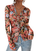 PRETTYGARDEN Women Button Down Floral Shirts 2026 Fall Trendy Long Sleeve V Neck Mesh Boho Blouse Spring Tops Date Outfits (Black Floral,Large)