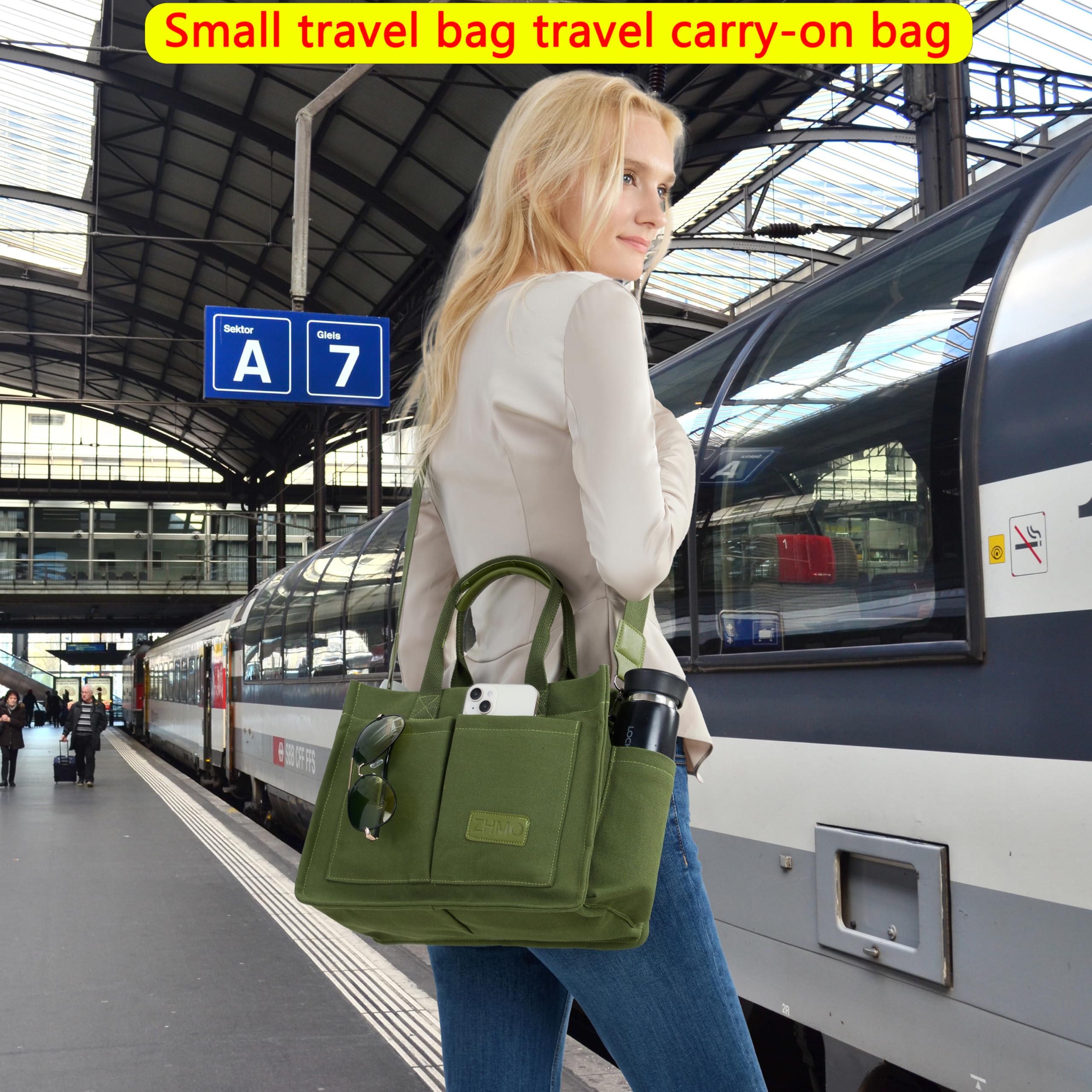 ZHMO Canvas Tote Bag for Women With Compartments and Zipper,Women's Bags Crossbody Bags Work Laptop Tote Bag Large Satchels Handbag Tote Purse Everyday Shoulder Bag for Travel Nurse Teacher Church