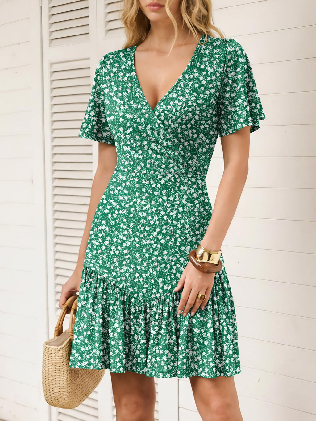 ANRABESS Womens Summer Dresses Short Sleeve Wrap V Neck A-Line Floral Mini Dress Spring Causal Boho Beach Vacation Sundress Green White Floral L