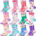 Welwoos Baby Girls Toddlers Grips Socks Kids Non Slip Anti Skid Funny Animal Cartoon Gift Cotton Socks with Grippers 12 Pairs Stocking Stuffers (Flower,5-8 Y)