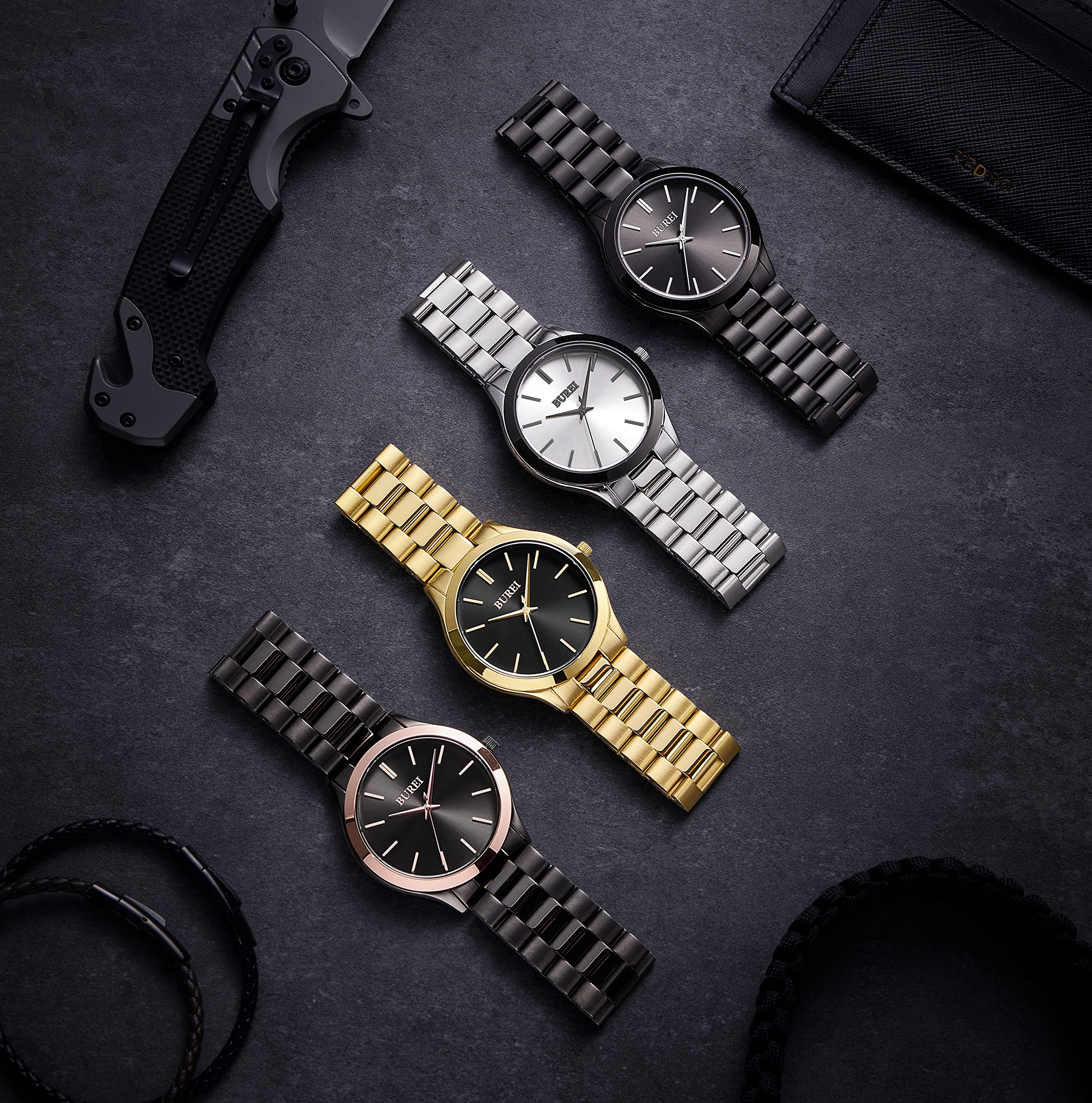BUREI Men Watches Fashion Analog Stainless Steel Quartz Waterproof Watches,Gift for Men.