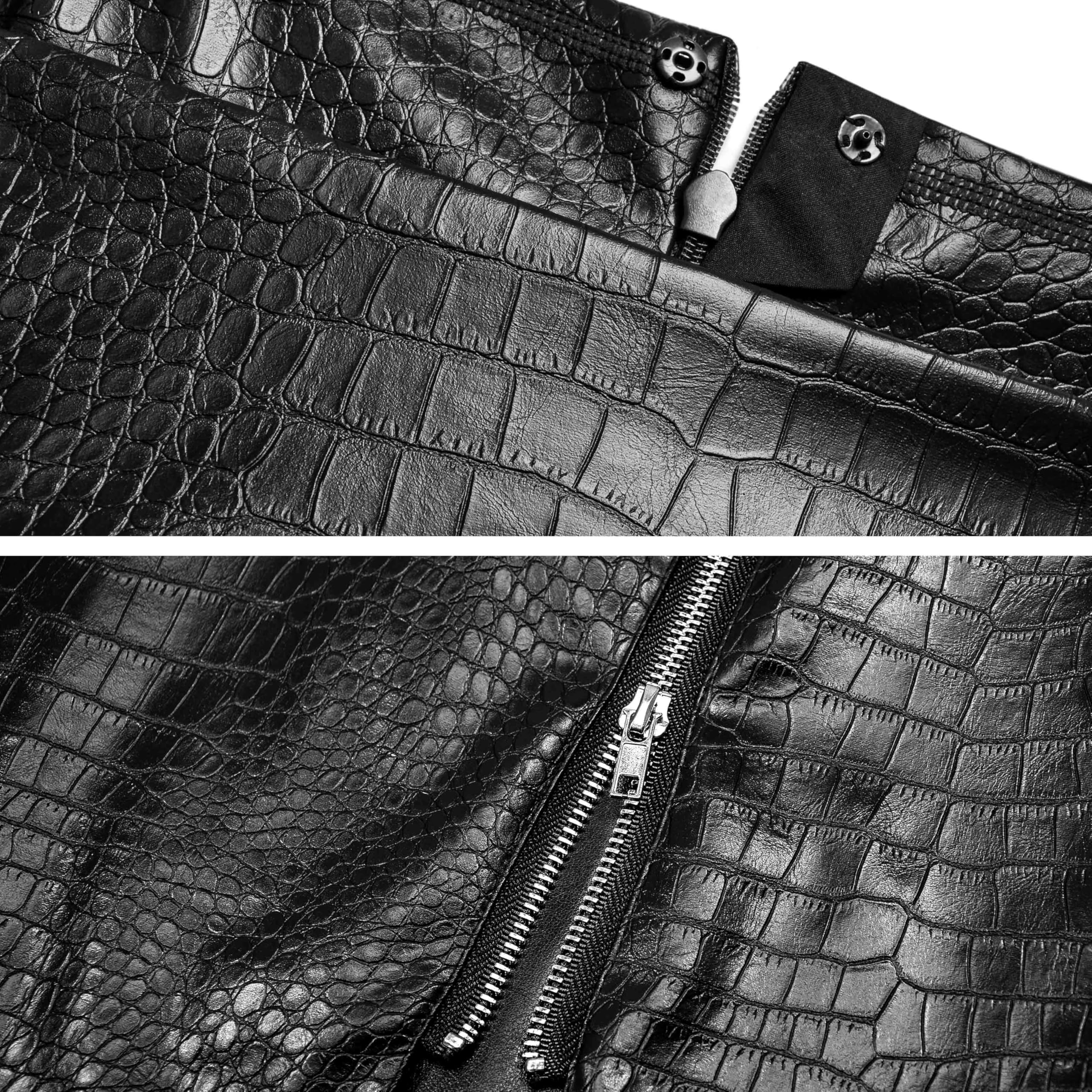 FLUFFY SENSE. Women's Leather Mini Skirt –Stretchy High Waisted Zipper Slit Faux Pleather Bodycon Short Pencil Skirt (US, Alpha, Large, Regular, Regular, Black Croc-Embossed)