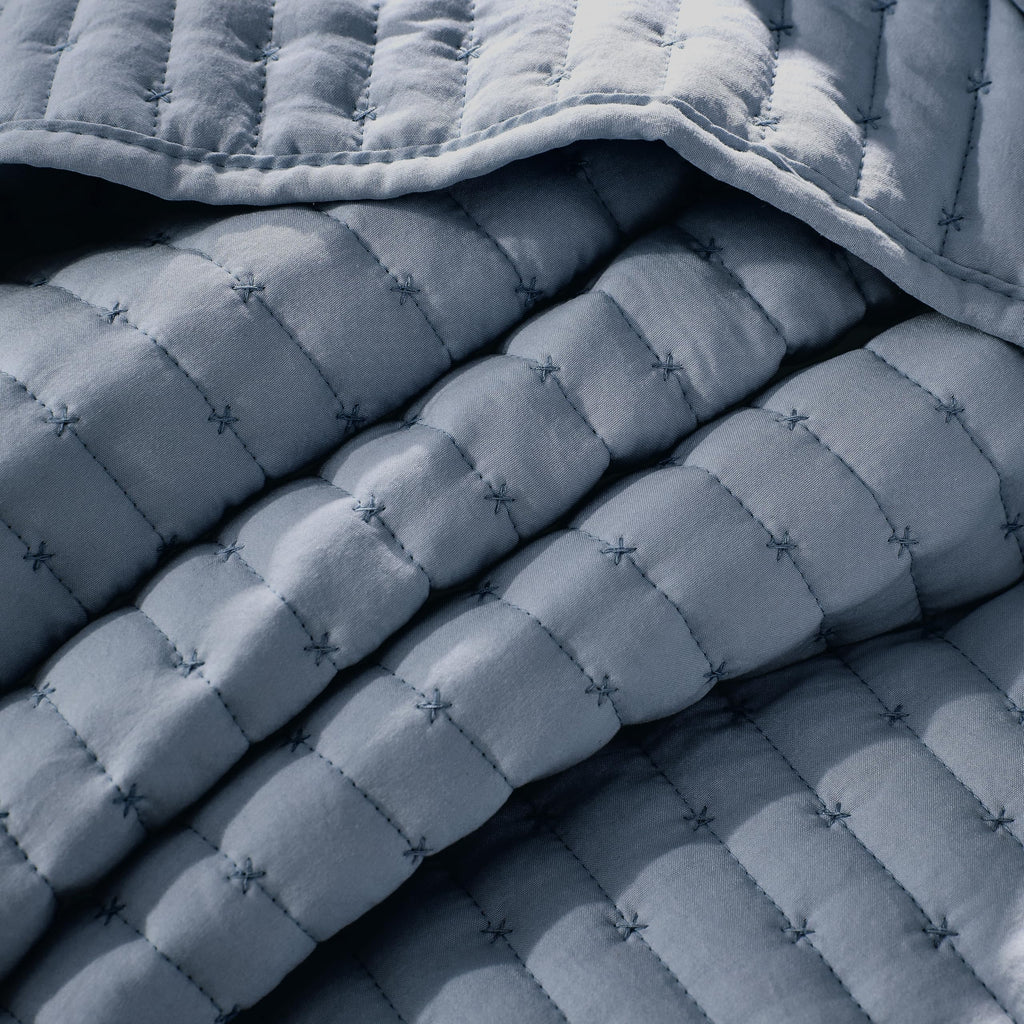 WDCOZY Blue Cross Stitch King Size Quilt Set, Striped Lightweight Soft Bedspread, Channel Farmhouse Rustic Coverlet, All Season Country Bedding, Thin Comforter