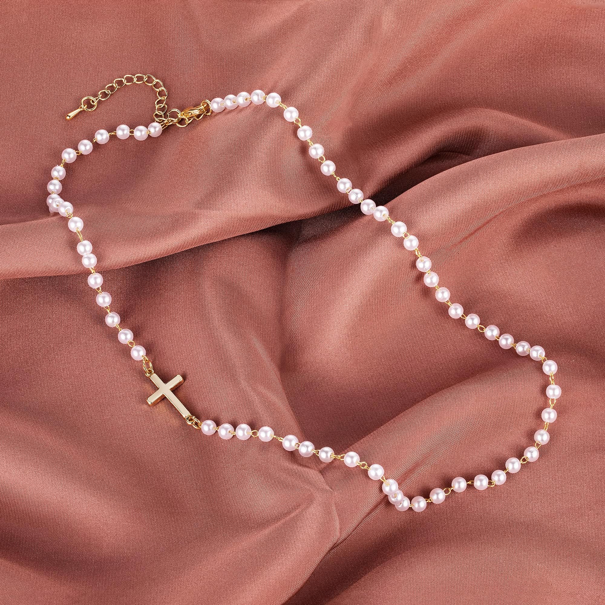 Tewiky 14K Gold Plated Cross Necklace for Women, Gold Pearl Necklace with Cross Pendant Dainty Sideway Cross Choker Necklace Trendy Faith Jewelry Religious Gifts