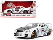 2002 Nissan Skyline GT-R (R34) RHD (Right Hand Drive) ""HKS Power"" White with Carbon Hood and Graphics ""JDM Tuners"" Series 1/24 Diecast Model Car by J