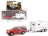 2021 Chevrolet Tahoe Cherry Red Pearl with White Horse Trailer ""Hitch &amp; Tow"" Series 23 1/64 Diecast Model Car by Greenlight