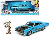 1970 Plymouth 440-6BBL RoadRunner Light Blue Metallic with Black Hood and Wile E. Coyote Diecast Figurine ""Looney Tunes"" 1/24 Diecast Model Car by Ja