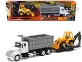 International Lonestar Dump Truck White and Wheel Loader Yellow with Flatbed Trailer ""Long Haul Truckers"" Series 1/43 Diecast Model by New Ray