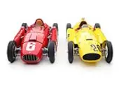 Bundle of 2 Cars 1956 Ferrari D50 20 Andre Pilette 6th Place Grand Prix of Belgium (Yellow) and 1955 Ferrari Lancia D50 6 Alberto Ascari Winner Grand