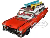 1959 Cadillac Eldorado Ambulance Red with White Top ""Malibu Beach Rescue"" (Weathered) with Surfboards on Roof ""Surf Shark"" 1/18 Diecast Model Car by