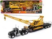 Kenworth W900 Truck with Lowboy Trailer Black and Crane Yellow ""Long Haul Trucker"" Series 1/32 Diecast Model by New Ray