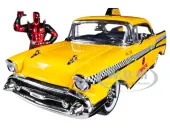 1957 Chevrolet Bel Air Taxi Yellow with Deadpool Diecast Figurine ""Marvel"" Series 1/24 Diecast Model Car by Jada
