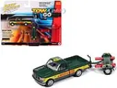 1993 Ford F-150 Pickup Truck Green and Yellow ""Mayflower"" with Tow Dolly ""Tow &amp; Go"" Series 1/64 Diecast Model Car by Johnny Lightning
