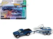 1985 Toyota SR5 Pickup Truck Dark Blue with Graphics and Boat with Trailer Limited Edition ""Tow &amp; Go"" Series 1/64 Diecast Model Car by Johnny Lig