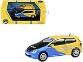 2001 Honda Civic Type R EP3 Blue and Yellow with Black Hood ""Spoon Sports"" 1/64 Diecast Model Car by Paragon Models