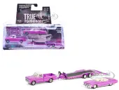 1974 Cadillac Eldorado Convertible Pink and 1972 Chevrolet C-30 Pickup Truck Pink with Heavy Duty Car Hauler ""True Romance"" (1993) Movie ""Hollywood H