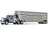 White Western Star 4900 with 36"" Vintage Flat Top Sleeper and Wilson 45 Vintage Livestock Trailer Blue with Stripes 1/64 Diecast Model by DCP/First G