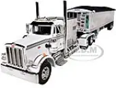 Peterbilt 359 with 60"" Vintage Sleeper and 43 Wilson High Side Grain Trailer White and Chrome 1/64 Diecast Model by DCP/First Gear