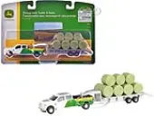 Ford F-350 Pickup Truck ""John Deere"" White and Green with Flatbed Trailer and Bales 1/64 Diecast Model by ERTL TOMY