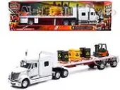 International Lonestar Flatbed Truck White with 6 Toxic Barrels 3 Pallets and Forklift ""Long Haul Trucker"" Series 1/32 Diecast Model by New Ray