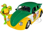 1959 Volkswagen Drag Beetle Green and Yellow and Michelangelo Diecast Figure ""Teenage Mutant Ninja Turtles"" ""Hollywood Rides"" Series 1/24 Diecast Mod