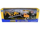Peterbilt 335 Roll-Off Flatbed Truck and New Holland B110C Backhoe Loader with Street Signs ""New Holland Construction"" Diecast Models by New Ray
