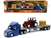 Freightliner Cascadia with Flatbed Trailer Blue with Farm Tractor Red and Hay Bales ""Long Haul Trucker"" Series 1/43 Diecast Model by New Ray