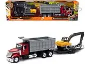 International Lonestar Dump Truck Red and Tracked Excavator Yellow with Flatbed Trailer ""Long Haul Truckers"" Series 1/43 Diecast Model by New Ray