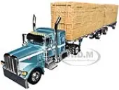 Peterbilt 389 36"" Flat Top Sleeper with Utility Dual 28.5 Flatbed Trailers with Hay Loads Pacific Blue Metallic with White Stripes 1/64 Diecast Model