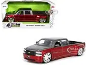 1999 Chevrolet Silverado Dually Pickup Truck Red Metallic and Gray with Custom KMC Wheels ""Just Trucks"" Series 1/24 Diecast Model Car by Jada