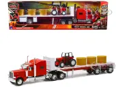 Peterbilt 389 Flatbed Truck Red with Farm Tractor Red and Hay Bales ""Long Haul Trucker"" Series 1/32 Diecast Model by New Ray