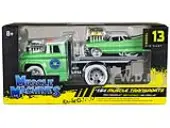 1966 Chevrolet C60 Flatbed Truck Green Metallic with White Top ""Cadillac Service"" and 1961 Cadillac Coupe Green Metallic with White Top ""Muscle Trans