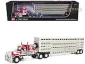 Mack Super-Liner with 60"" Flat Top Sleeper and 45 Wilson Vintage Livestock Trailer Red with White and Gray Stripes 1/64 Diecast Model by DCP/First Ge