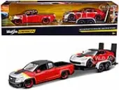 2017 Chevrolet Colorado ZR2 Pickup Truck Red and 2015 Chevrolet Corvette Z06 Red with Flatbed Trailer Set of 3 pieces ""Elite Transport"" Series 1/24 D