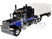 Peterbilt 389 with 63"" Mid-Roof Sleeper and Container Trailer and Two 20 Dry Goods Containers Jet Black with Stripes ""DCP Exclusive"" Series 1/64 Diec