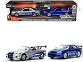 Brians Nissan Skyline GT-R (BNR34) Silver with Blue Stripes and Nissan GT-R (BNR34) Blue Metallic Set of 2 pieces ""Fast &amp; Furious"" Series 1/32 Di