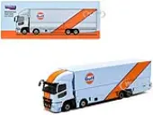 Mitsubishi Fuso Truck with Transporter Light Blue with Orange Stripes ""Gulf Oil"" ""Truck64"" Series 1/64 Diecast Model Car by Tarmac Works