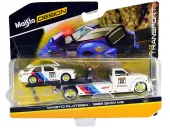 Flatbed Truck 22 White with Stripes and 1988 BMW M3 E30 22 White with Stripes ""Elite Transport"" Series 1/64 Diecast Models by Maisto