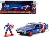 1972 Plymouth GTX Candy Blue with Red and White Stripes and Captain America Diecast Figure ""The Avengers"" ""Hollywood Rides"" Series 1/32 Diecast Model