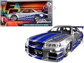 Brians Nissan GTR Skyline R34 RHD (Right Hand Drive) Silver with Blue Stripes ""Fast &amp; Furious"" Movie 1/24 Diecast Model Car by Jada