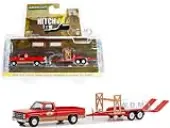 1982 GMC K-2500 Sierra Grande Wideside Pickup Truck Red and Beige with Black Stripes ""Busted Knuckle Garage"" and Tandem Car Trailer ""Hitch &amp; Tow""