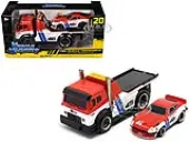 JDM Flatbed Truck 46 Red and White with Blue Stripes and 1972 Datsun 240Z 46 Red and White with Blue Stripes ""BRE"" ""Muscle Transports"" Series 1/64 Di