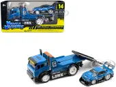 JDM Flatbed Truck 5 Blue Metallic ""Liberty Walk (LBWK)"" and 1999 Nissan Skyline GT-R (R34) 5 Blue Metallic ""Liberty Walk (LBWK)"" ""Muscle Transports""