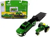 Ford F-350 Dually Pickup Truck Green with John Deere 4020 Tractor Green and Lowboy Trailer Set of 3 pieces 1/64 Diecast Models by ERTL TOMY