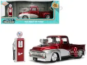 1956 Ford F-100 Pickup Truck Red Metallic with Silver Accents and Jada Gas Pump ""Just Trucks"" Series 1/24 Diecast Model Car by Jada