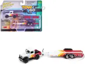 1980 Toyota Land Cruiser Pickup Truck White and Red with Stripes and Open Car Trailer Limited Edition ""Tow &amp; Go"" Series 1/64 Diecast Model Car by