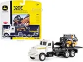 Peterbilt 367 Flatbed Truck White with John Deere 320E Skid Steer Loader 1/64 Diecast Models by ERTL TOMY